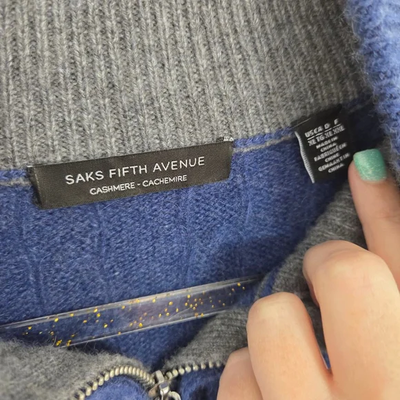 Saks Fifth Avenue men's cashmere quarter zip sweater blue cable knit size XL